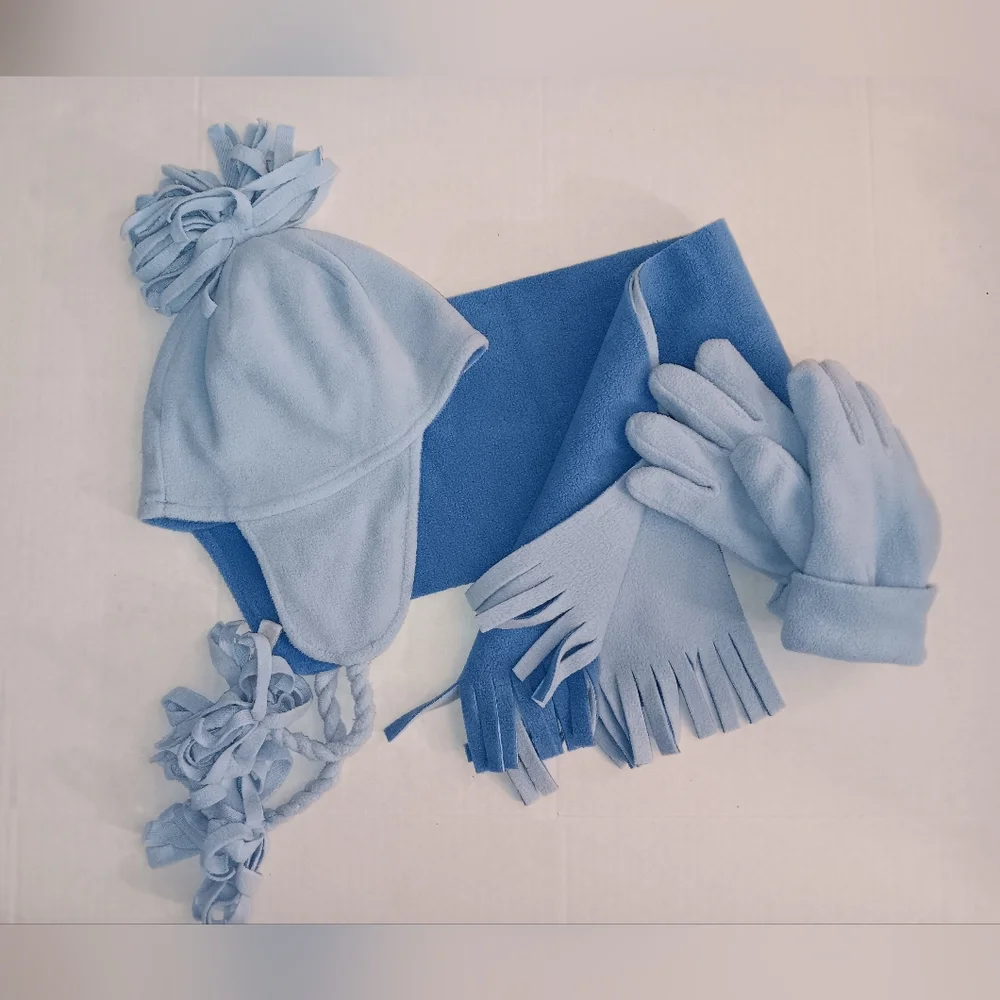 Kids Blue Fleece Winter Hat, Scarf, and Gloves Set Two Tone Light Dark